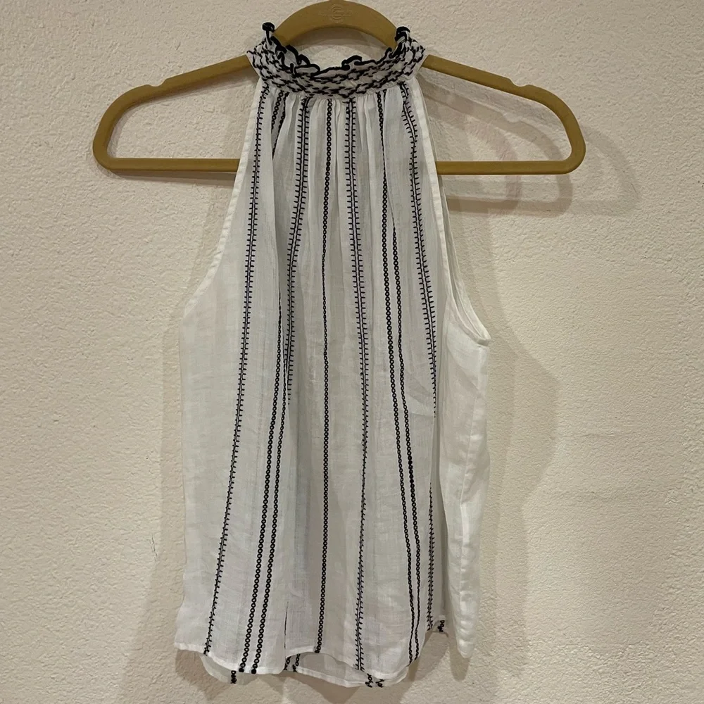 Frame Embroidered Ruffle Trim Striped Halter Top - Picture 4 of 9